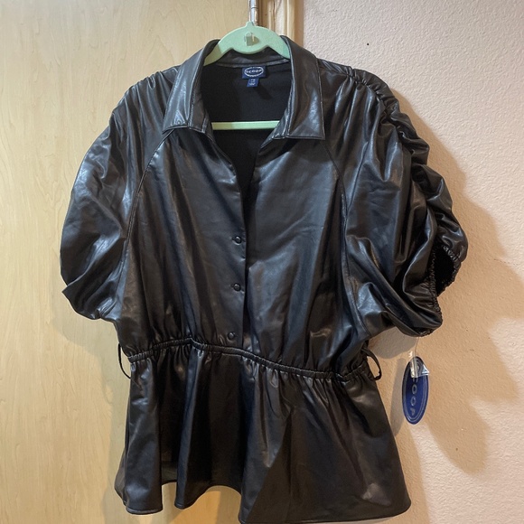 Women XXL 20 Pleather Style blouse Ruched Sleeves Peplum Top Button Front - Picture 1 of 8